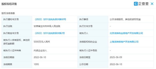 鴻坤偉業所持上海鴻坤房產開發5000萬元股權遭凍結